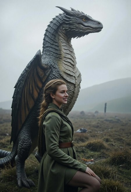An image of Julia, in misty moorland. Her lips have a knowing smile. Around her fog drifts by through the air like ash from a celestial forge. The camera is angled just below eye level. Behind her rises her dragon friend, its body an interplay of greens and greys, much like that of the landscape. The textured overlapping scales catch the faint light struggling to pierce the fog. Its massive wings, folded tightly to its sides, similarly reflect the weak light. Its yellow reptilian eyes, slit-pupiled and intelligent, gaze into the fog. The woman and dragon both seem to be seeking something unseen.