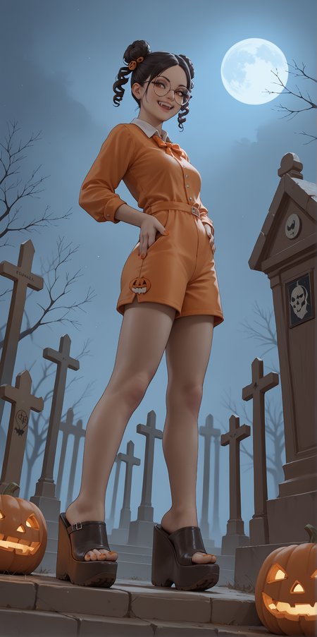 score_9, score_8_up, score_7_up, score_6_up, realistic,
wide angle, standing, low angle, foot focus, from side,
standing,
1girl, dark skin, goth, curly hair buns, round glasses, hair ornament, evil smile, fangs,
ï»¿(mega wedge heels:1.1), platform footwear, (black footwear:1.1),
orange romper, skintight clothing,
halloween scene, fog, cemetery, night,
orange toenail polish,
embedding:zPDXLrl ,
embedding:zPDXL2 ,