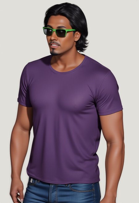 1man, medium hair, black hair, green-framed eyewear, green sunglasses,goatee stubble, tan skin, dark-skinned male, purple shirt, T-shirt, jeans, short sleeves,perfection style