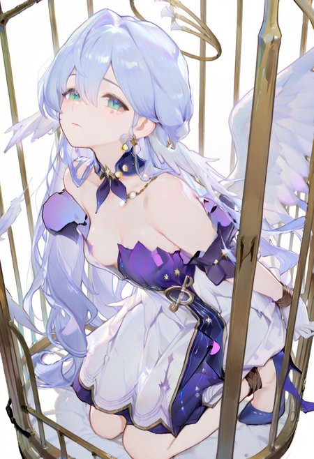 masterpiece, best quality, amazing quality, very aesthetic, absurdres, newest, volumetric lighting, female, female focus, simple background, white background, full body,1 girl, solo female, wings, angel wings, angelic smile,cage,inside a golden cage, tied up, bound arms, arms bound to the bars of the cage, a girl inside a cage with her arms bound, suggestive, nsfw
BREAK 
robin \(honkai: star rail\),sleeveless dress, halo, white gloves, earrings, detached sleeves, detached collar, head wings, blue pumps, looking at viewer, torn clothes, bare chest, boobs, undone clothes