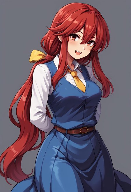 score_9, score_7_up, source_anime, source_cartoon, source_explicit, BREAK, colorful, aesthetic, illustration, kotohime (touhou), long hair, red hair, red eyebrows, hair between eyes, bangs, sidelocks, low-tied long hair, tied hair, low ponytail, hair ribbon, yellow ribbon, red eyes, breasts, white shirt, collared shirt, long sleeves, yellow necktie, blue vest, brown belt, blue skirt, hands behind back, open mouth, smile, teeth, simple background, looking at viewer, facing viewer, standing in front of viewer, standing