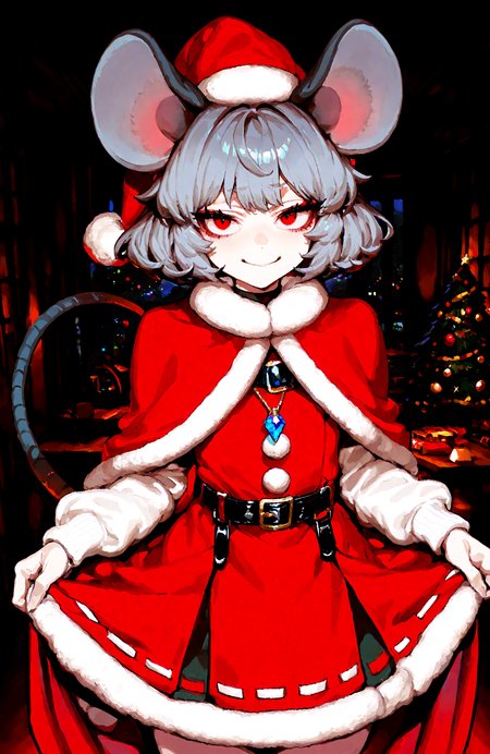 1 girl,   nazrin , alternate_costume ,animal_ears ,belt ,belt_buckle ,black_belt, blue_gemstone, buckle, cape ,closed_mouth ,cowboy_shot ,dress ,film_grain ,fur-trimmed_dress, fur-trimmed_headwear ,fur_collar ,fur_trim ,gem ,grey_hair ,hat ,jewelry, long_sleeves, looking_at_viewer, mouse_ears ,mouse_girl ,mouse_tail ,no_nose ,pendant ,pom_pom_(clothes), red_cape, red_dress ,red_eyes, red_hat ,santa_costume ,santa_hat, short_hair,skirt_hold ,smile, solo, tail,
christmas_sweater,  dark, night, indoors,
,Fishine, munakata_(sekimizu_kazuki),dekosukentr,kizuki_aruchu ï¼ireadingï¼kubo_tite_(style) ,
ï¼masterpiece, best quality, newest, absurdres, highres,
<lora:illustrious_noobai_epsilon_pred_1_best_quality_v1:0.4> ,<lora:illustrious_noobai_epsilon_pred_1_masterpieces_v1:0.4>, <lora:illustrious_noobai_epsilon_pred_11_very_aesthetic_v1:0.4>, <lora:ponyv5_noobV065S_1_adamW:0.6>, <lora:add-detail-xl:0.4>, <lora:GEN(illust) 0.2v:0.6>, <lora:USNR STYLE_XL_loha:0.6>, <lora:cfg_scale_boost:0.4>, <lora:christmas_sweater:0.8>