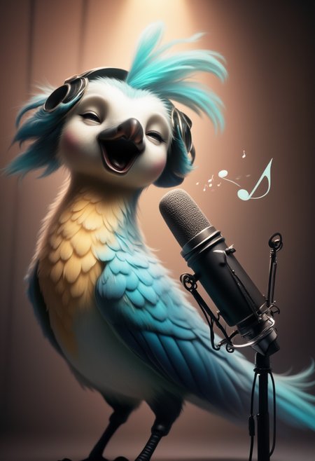 The anthropomorphic bird, wearing elegant headphones, stands proudly in front of a high-quality microphone and sings the song "O Sole Mio" with all his heart in a modern recording studio. Musical notes fly through the air. The soft, neutral-tinted lighting creates an atmosphere of concentration and calm, highlighting the bright blue feathers on his head and tail. His eyes are closed as he speaks into the microphone with clear passion and concentration, capturing the essence of his artistry. The background is a minimalist but artful blend of warm and cool tones, further emphasizing the presence and creativity of the central figure. This unique scene shows the beauty of combining animal and human elements in a modern, trendy setting. ,  <lora:glowing_flux.safetensors:1.0>,  <lora:FluxDFaeTasticDetails.safetensors:1.0>,