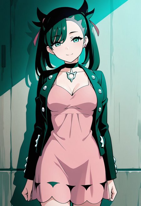 masterpiece, best quality, medium breasts,  BREAK, zzMarnie, aqua eyes, black choker, red ribbon, pink dress, jewelry, black jacket, open clothes, long sleeves, <lora:MarniePokemonIllustrious:1.0>, smile, looking at viewer, cowboy shot,   <lora:ShoujoRamuneIXL:1.0>,