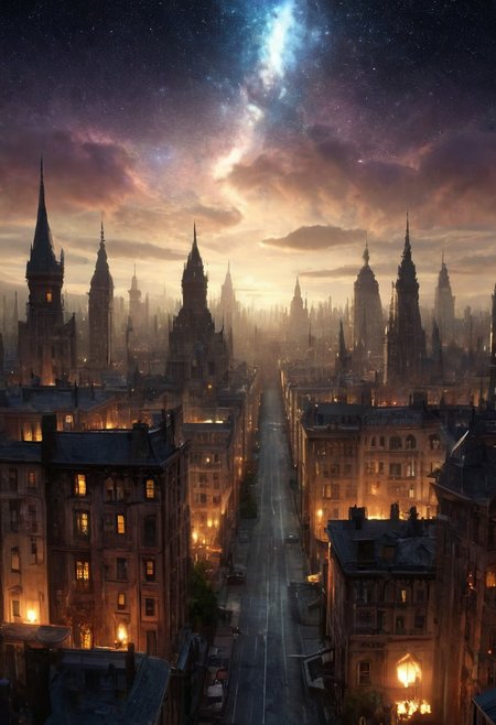 score_9, score_8_up, score_7_up, celestial promenade, the horror of stars, twilight sunshine, cityscape masterpiece, realistic, best quality, cosmic horror, Style-Volumetric, MJgothic, bright horror, MJgothic
