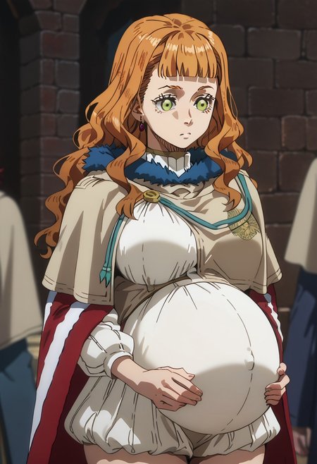 score_9, score_8_up, score_7_up, 1girl, detailed, sidelocks,  pregnant, 
dress, cape, fur trim, thigh highs, orange hair, long hair, wavy hair, blunt bangs, green eyes, large breasts, earnings, jewelry, thinking, covered navel, white shirt,