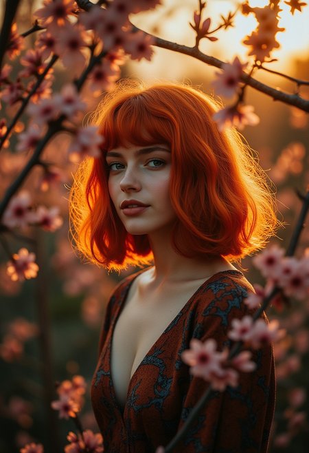 A fashion model with rich red, textured, wavy bob haircut, and a warm, stands in a side view, dressed in a patterned top with a deep neckline and long sleeves. Blossoming branches frame her, set against a blurred background with warm, dramatic lighting. The scene is shot on a Hasselblad X2D 100C with a XCD 30mm f/3.5 lens, capturing the model's charming gaze with gentle smile and the soft, warm tones of the environment. The lighting is soft yet directional, casting gentle shadows and highlighting the model's features, with a subtle film grain adding texture to the image. the scene has a slightly surreal, dreamlike quality, with deep, rich colors and a moody, atmospheric feel. aidmaMJ6.1, Chiaroscuro Lighting Style