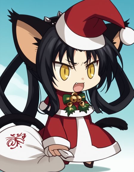 score_9, score_8_up, score_7_up, source_anime, <lora:dxd-kuroka-s3-ponyxl-lora-nochekaiser:1>, kuroka, long hair, black hair, animal ears, tail, cat ears, cat tail, multiple tails, hair rings, nekomata, yellow eyes, slit pupils, parted bangs, sidelocks, anime screencap,, <lora:padoru-ponyxl-lora-nochekaiser:1>, padoru, padoru (meme), holding sack, sack, santa hat, meme, christmas, open mouth, chibi, red capelet, santa dress, capelet, fur-trimmed headwear,, , dutch angle, cowboy shot