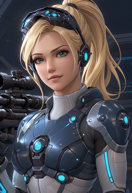 (masterpiece, top quality, 8K, high details), (comics), volumetric light, sfx effect accentuating the voluptuousness of the character, breathtaking, (medium full shot),
(solo female, "Nova Terra" from Starcraft), "Nova Terran" mature detailed face, smirk,posture exudes strength and precision, smooth brows, attractive eyelashes, soft makeup,blonde long detailed smooth hair, High Ponytail hairstyle, large hip, fit torso,blue eyes, detailed eyes, eyes reflection, round iris of the eye, round pupil, symmetrical eyes,  covert ops background, (futuristic sniper riffle, holding a sniper in one hand),
(psychic effect emanating from her swirling purple and blue energy, The psychic power crackles like electricity warping the air around her with rippling waves, Nearby stones levitate and glow faintly under the psionic energy's influence),
BREAK,
A sleek futuristic grey breastplate and grey armored gloves and grey armored shoulder pads and grey reinforced boots with smooth futuristic grey metallic surfaces,armor features glowing blue neon accents running along the edges of the suit creating a high-tech and tactical appearance, (white inner suit cloth), The tight fitting combat suit is detailed with subtle engravings and blue panels that emphasize its advanced technology,
BREAK,
night visor,night visor on top of the head