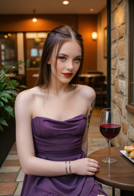 sarah, 1girl, solo, sitting, restaurant, patio, sidewalk, close up of face and chest, wine glass, red lipstick, upper body, small breasts, bracelet, arm tattoo, freckles, seductive, skinny, braless, breasts apart, low cut dress, purple dress, midriff, strapless