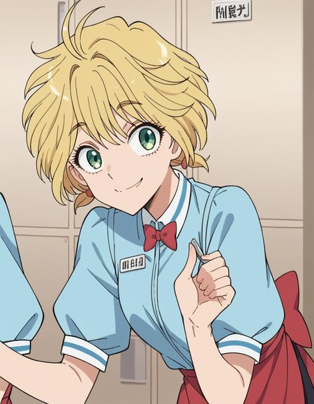 score_9, score_8_up, score_7_up, source_anime, <lora:yui-nishida-s1-ponyxl-lora-nochekaiser:1>, yui nishida, short hair, blonde hair, green eyes, ahoge,, shirt, bow, short sleeves, puffy sleeves, apron, blue shirt, name tag, waitress,, indoors, bent over, smile, smug, looking at viewer, solo,, cowboy shot, dutch angle