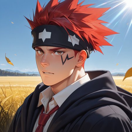 masterpiece, best quality, amazing quality, absurdres, newest, detailed background, definition so sharp, Ultra-HD, 8K cinematic, very awa, impressionate, amazing quality, highres, d10w21ll,
solo, male focus, manly, mature male, bara, day, blue sky, outdoor, sunbeam, windy, flying leaf, 
d0tb, d0tb_red hair, d0tb_brown eyes,
1boy, spiked hair, facial tattoo, headband, black cloak, white collared shirt, red tie, looking at viewer