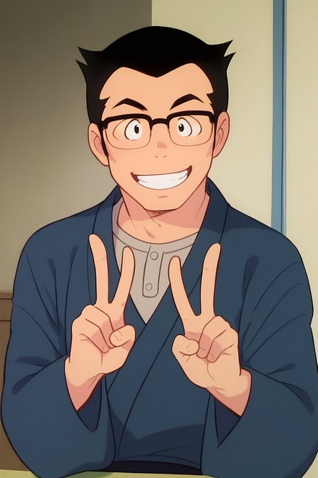 score_9, score_8_up, score_7_up, score_6_up, BREAK, AtaruFatherUYXL, black eyes, black hair, short hair, sideburn, black glasses, pectorals, japanese clothes, blue kimino, long sleeves, solo, front view,  peace sign, (portrait, upper body), solo focus, seductive smile, looking at viewer, indoors  <lora:AtaruFatherUYXL:1>