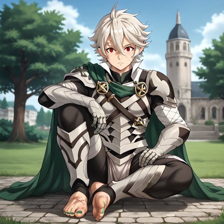 masterpiece, best quality, sharp aliasing, highly detailed, 1male, male body, male,EPfeCorrin, dark green cape, armour, dark green gloves, black pants, wearing pants, outdoors, evening, stone ground, tree, bush, buildings, windy, barefoot, toeless legwear, armoured legwear, armoured arms, shin armour, leg armour, leg and shin armour, shin guards, stirrup legwear, dark green stirrups, 5 toes, Quality, High Definition, Full body view, solo, slimes_sanemi, scar, scars, scar on face, scar on chest, scar on forehead, white hair, muscular, red eyes, slit eyes, pointy ears, sitting, green sword, green toenails, dirty feet