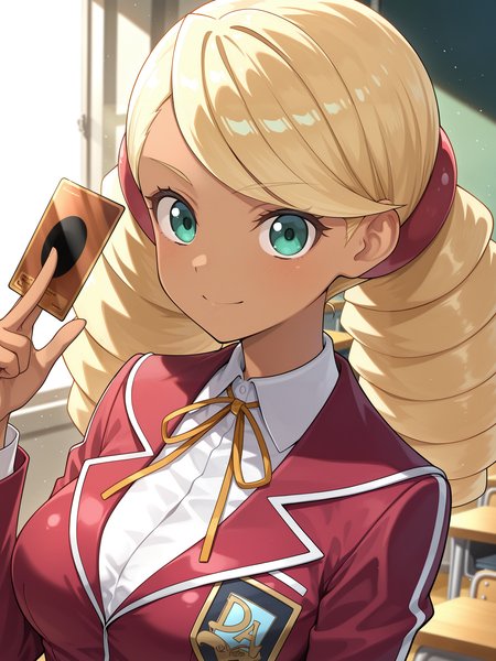 mei kitaki,dark-skinned female,1girl,solo,smile,looking at viewer,,upper body,classroom,medium breasts,duel academy uniform \(yu-gi-oh! 5d's\),yellow neck ribbon,red blazer,white collared shirt,red hairband, card \(yu-gi-oh!\), card between fingers, 
masterpiece,best quality,amazing quality,very aesthetic,absurdres,newest,<lora:Yukiko Umino & Mei Kitaki & XXXX  5 in 1 illusXL v1:0.72>,