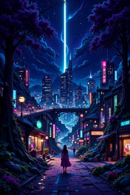 fantasy city beautiful  landscape, bright luminous night, woman, very intricate, very detailed, sharp, bright, colorful, <lora:Hand v2:0.5> <lora:Anti-Blur:1><lora:Insane Detail Slider:0.25>  <lora:flux.1_lora_flyway_Epic-detail_v2:0.3> <lora:fluxenhancer:0.25> <lora:ck-Neon-Retrowave:0.4> ck-rw, in the style of ck-rw,  <lora:Neurocore Anime Cyberpunk:0.8> A digital artwork in the style of cknc