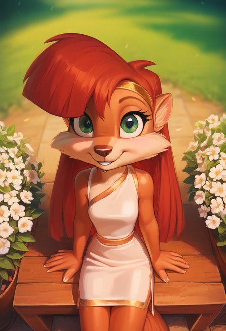 zPDXL, score_9_up, score_8_up,_7_up, score_6_up, score_5_up, score_4_up ,source_furry, best quality, amazing quality, blurry background, masterpiece, 1girl,  looking at viewer, solo, (cute, magic in the air, cute smile, adorable, super cute:1.2), outdoors, park, plants, (upper body,close, face focus, sitting, flowers around:1.4), breast, venus, red hair, squirrel, long hair, green eyes, squirrel tail, orange-white fur, dress, gold hairband, sandals, side slit, <lora:Venus:0.8>, pixelsketcher, <lora:pixelsketcher:1.2>, Expressiveh, good_hands, <lora:Expressive_H:0.8>, <lora:Detail_Slider_v1.4_iteration_3:4>, <lora:pony_good_hands:0.8>