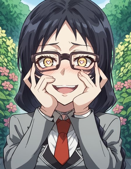score_9, score_8_up, score_7_up, source_anime, <lora:ayame-kajou-s1-ponyxl-lora-nochekaiser:1>, ayame kajou, long hair, black hair, brown eyes, yellow eyes, medium breasts,, glasses, braid, braided ponytail, skirt, school uniform, pleated skirt, necktie, black skirt, red necktie, grey blazer, long sleeves,, garden, flowers, path, plants, tranquil, , <lora:yandere-trance-ponyxl-lora-nochekaiser:1>, yandere trance, yandere, hands on own cheeks, hands on own face, crazy eyes, crazy smile, crazy, heart-shaped pupils, glowing eyes, symbol-shaped pupils, hand on own face, open mouth, glowing, blush, looking at viewer,, looking at viewer, solo,, dutch angle, cowboy shot