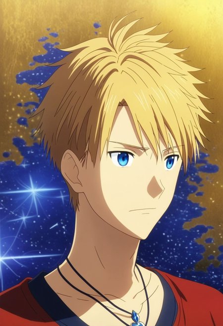 high resolution, solo, best quality, 1Boy, Yamato Ishida, Blond Hair, Blue Eyes, Necklace, existential longing, infinity background, OverallDetail