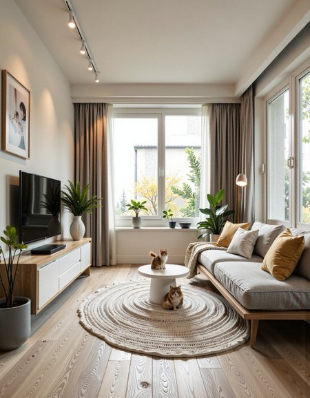 A photo of a cozy and stylish living room in a 30 sq.m studio apartment, designed in modern minimalism with personality and warmth. Light grey porcelain tile flooring with white oak wood texture, white soft rug in the center. A comfortable light-grey sofa against the far wall (opposite the window), floating TV console on the left wall under a flat-screen TV. the wall behind the TV has a stylish design solution, highlighting the TV area in a special way.
One large window on the right side lets in natural soft daylight. The walls are painted light beige with a textured plaster finish. Add warm indirect lighting, a few green indoor plants, and artistic decor with soul — like handmade art or a personal photo. No yellow tint, keep colors neutral and soft. Include a real-looking playful cat on the rug or sofa, not stylized. The space should feel peaceful, lived-in, and personal — not like a showroom. The overall decor combines modern and classic elements, creating a serene atmosphere.    <lora:fluxenhancer:0.9>   <lora:CTAI-I.Japandi:1> CTAi Interior Japandi