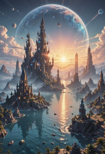 a futuristic city in the middle of a body of water, still frame from a movie, magical glowing sphere in midair, otherland, in a castle on an alien planet, gaia, hyper-futuristic city, garden utopia, earthbound, rendered image