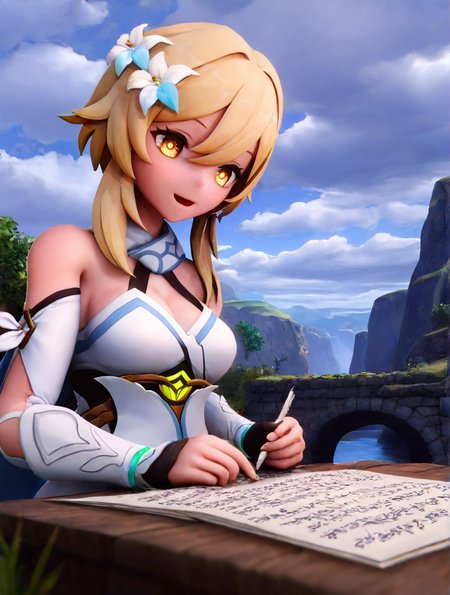 high quality, best quality, masterpiece, highres, very aesthetic, absurdres, detailed hair, <lora:NSFWFilter_illusXL_Incrs_v1:-.5>, studying, writing notes, sitting at table, 
Lumine \(Genshin Impact\), blonde hair, yellow eyes, medium breasts, smiling, open mouth
, outdoors, landscape, at a stone bridge, cloudy, <lora:vicinekosty4:1>, vicinekosty, 3D