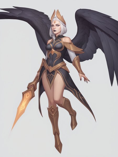 score_9, score_8_up, score_7_up, dark river material background, simple background,1girl, queenimperiadota, white hair, black lips, medium breasts, large breasts, monster girl, feathers, braid, legs, bare shoulders, wings, <lora:queenimperiadota:0.7>  <lora:AsuraLycoXL:1>