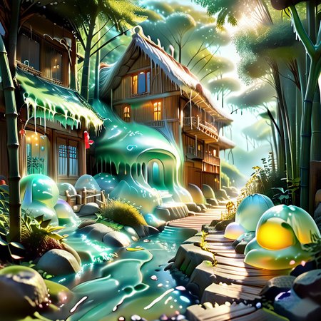 dog running down a bamboo path, dog made out of slime, detailed dog, 
detailed scenery, scenery made out of slime, bamboo made out of slime, green slime bamboo, brown slime wicker fence, brown slime pagoda, red slime brick path, 
BambooforP, background, bamboo forest, path,
everything made of slime, No simple background,
((translucent slime)), ((transparent slime)), (bioluminescent slime), sl1m3, slime, ais-blmn, watce, je11y, thickwater, great lighting, ral-lava, even lighting, no bright spots,