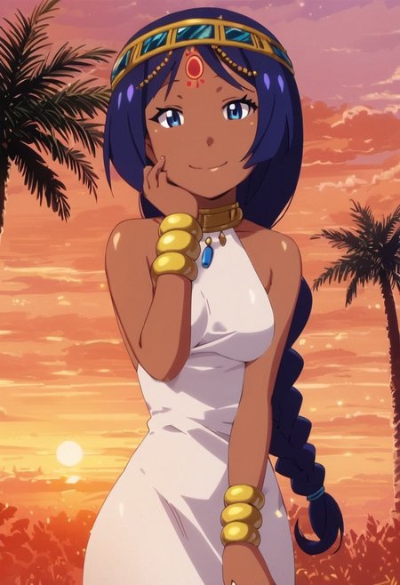 score_9, score_8_up, score_8, medium breasts, (curvy), cute, eyelashes,       
BREAK,
,,,
zzSerket, dark skin, large breasts, long white dress, bare shoulders, jewelry, very long hair, bracelet, single braid, circlet,, 
,,,
BREAK,
smile, looking at viewer, cowboy shot, outdoors, sunny day, sky, day, cloud, tree, blue sky, sunny, 
Expressiveh,