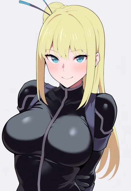 masterpiece, best quality, very aesthetic, absurdres,
1girl, nancylee, blonde hair, single hair bun, hair stick, blue eyes,
black bodysuit,
arms behind back, upper body, 
smile, blush, looking at viewer, solo, simple background, white background,   <lora:NancyLeeNoobXL_byKonan:1>
