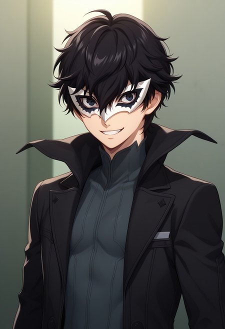 score_9, score_7_up, source_anime 
renpers, 1boy, male focus, solo, black eyes, black hair, hair between eyes, short hair, joker outfit, mask, white mask, shirt, grey shirt, coat, black coat, high collar, open coat, open clothes, grin, looking at viewer, upper body,
indoor, darkness, shadows,