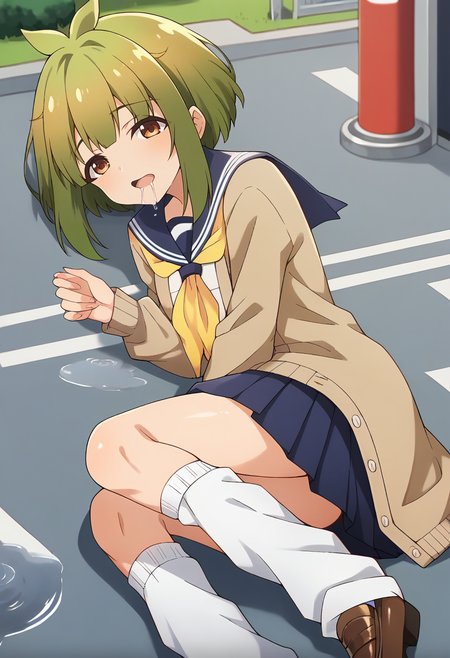 score_9, score_8_up, score_7_up, source_anime, masterpiece, 1girl, ct_bashame, brown cardigan, puffy sleeves, serafuku, blue sailor collar, yellow neckerchief, blue miniskirt, leg warmers, outdoors, city, depth of field, looking at viewer, portrait, shiny skin, loafers, lying, drool, puddle, on side, on ground,<lora:Bashame_Meme_pony_ct_ver2:1>
