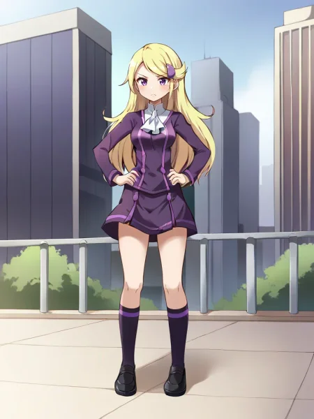 <lora:acetrainerXYtsukishiro:0.7>
1girl, solo, xacetrainery, blonde hair, long hair, hairclip, purple shirt, white ascot, long sleeves, purple skirt, purple kneehighs, black shoes, full body, standing, hands on hips, outdoors, city, cowboy shot, serious,