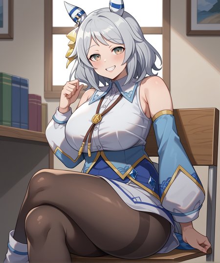 score_9,score_8_up,score_7_up,2D animation style,source_anime,anime screencap,rating_explicit,best quality,masterpiece,Japanese Anime Style,solo,1girl,smile,looking at viewer,<lora:uma_hishi_miracle_ponyxl:0.9>,hishi miracle (umamusume),light brown eyes,grey hair,blue hair,bangs,medium hair,horse girl,horse tail,horse ears,hair ornament,ear covers,blue dress,collared shirt,detached sleeves,(puffy long sleeves:1.2),bare shoulders,black pantyhose,pantyhose,sleeveless,short boots,mismatched_footwear,white footwear,black footwear,jewelry,plump,large breasts,thick thighs,smirk,smug,shy,indoor,jitome,embarrass,sleeveless shirt,sitting on chair,crossed_legs,otaku room,infirmary,