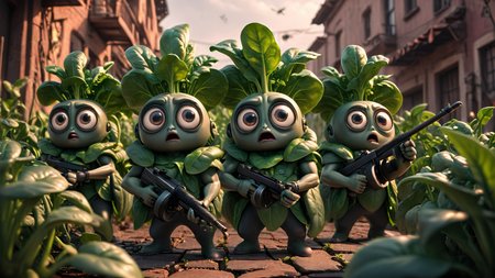 cartoon, cinematic movie scene, group of tall spinach plants with big eyes and strong arms holding tmmygn submachine guns, serious expressions, dark and gritty,
 <lora:Thompson_Submachine_Gun_-_1928_SDXL:0.8> <lora:Cute_3D_Cartoon:0.8>