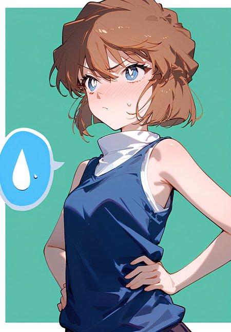 1girl, 
haibara ai, meitantei conan, 
blue shirt, breasts, sweatdrop, white border, white pupils, brown hair, v-shaped eyebrows, white shirt, blue eyes, looking ahead, medium hair, speech bubble, blush, closed mouth, long sleeves, bright pupils, solo, border, green background, sleeveless shirt, hands on own hips, sleeveless, outside border, small breasts, frown, short hair, simple background, shirt, hair between eyes, upper body, spoken sweatdrop, bare arms, ..., spoken ellipsis, spoken blush, embarrassed, 
masterpiece, newest, absurdres, safe
 <lora:2080ti_ag31_haibara_ai-000011:1> <lora:a31_style_koni:1>