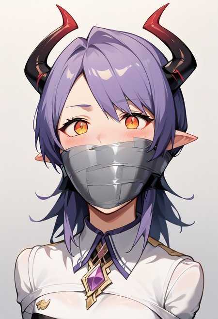 score_9,masterpiece,source_anime,2d,1girl, demon horns, blushed, wrap gag, tape gag