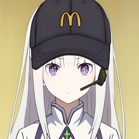 score_9, score_8_up, score_7_up, source_anime, 
BREAK
1girl, solo, anime screencap, anime coloring, 
<lora:shiEmiliaV2:1>, shiemilia, white hair, long hair, purple eyes, 
<lora:shimcdonaldV1:1>, meme, mchat, portrait, headset, upper body, simple background,      
looking at viewer, sad, streaming tears,