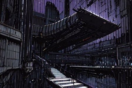 highly insanely detailed, masterpiece, top quality, best quality, highres, 4k, 8k, RAW photo, (very aesthetic, beautiful and aesthetic),  
tsutomu nihei,nihei_tsutomu,blame!,blame gakuen!,abara,TNstyle,sidonia_no_kishi,(giant room,megastructure in background,hangar,stairs,space,spacecraft),dark background,no human,dystopia,destroyed,vast scenery,perspective,blm,cyberpunk, 
<lora:blameLora_v10:1>, 
(1girl:1.3), 
solo focus, 
radiant purple background,âââ