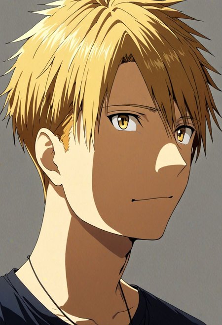 high resolution, solo, best quality, 1Boy, Yamato Ishida, Blond Hair, Necklace, potrait, dark shirt, looking at viewer, focused gaze forward, simple background, straight body, upper body, head upright, happiness, OverallDetail