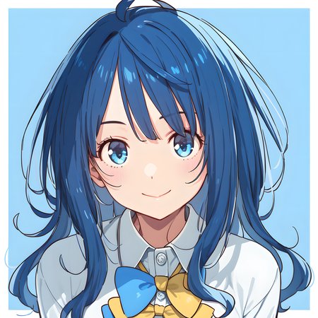 anna_yanami, 1girl, solo, blue eyes, smile, bow, upper body, blue hair, shirt, looking at viewer, ahoge, simple background, blue bow, bangs, white shirt, collared shirt <lora:XL-AnnaYanami:1>