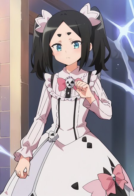 <lora:Tokkishiko Dana:0.9> tokkishiko dana, black hair, 1girl, thick eyebrows, blue eyes, solo, twintails, long hair,     , long sleeves,  white dress, pink bow, frills, hair ornament, ribbon, skull, score_9, score_7_up,anime coloring ,source_anime, anime