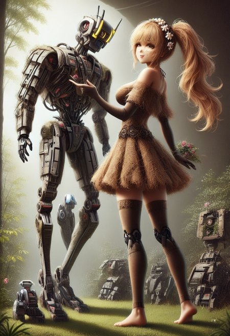 pamcocomat, Masterpiece, detailed, beautiful, realistic photo, (robot:3), solo, soft sunlight, serene expression, ethereal aura, flowing locks, floral headband, off-the-shoulder top, billowing sleeves, delicate lace details, dainty necklace, freckles dusting across nose and cheeks, rosy lips, gentle smile, slender arms, wrists adorned with bangles, fingers tracing patterns in the air, bohemian skirt swaying around slender thighs, bare feet grazing over grass, peaceful contemplation, 34 years old, Ultra detailed photo realistic background, realistic high detailed beautiful face, anatomic correct bodies, extremely realistic, lots of detail, strong, athletic, epiCPhotoGasm-colorfulPhoto, cyberpunk, lightstreak, holodrift, cablelink, sexyblonde, milf, st._louis_\(azur_lane\),side_ponytail, elbow_gloves, taut_clothes. NijiEX style, ohwx woman, cyberbody, neonbody, cablelink, fully dressed.