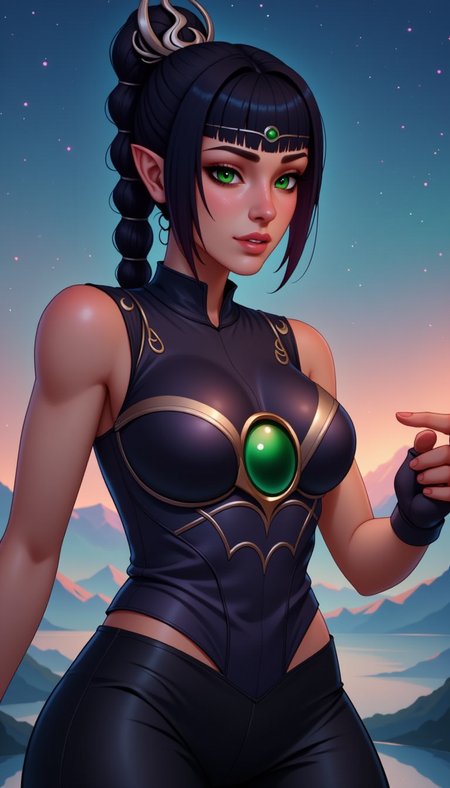 a sh4d0wh34rt female character. This is a highly detailed digital illustration in fantasy art style. The subject female elf with pointed ears, fair skin, and slender, athletic build. She has long, dark hair styled high ponytail single, thick braid. Her eyes are striking green, she wears an elaborate, ornate headpiece large, green gem the center. attire form-fitting, sleeveless outfit deep neckline that reveals significant amount of cleavage, accentuating her medium-sized breasts. top made dark, glossy material gold accents form V-shape on chest. also tight, black pants highlight curvaceous hips legs.
The background serene, twilight sky gradient transitioning from blue at to soft orange near horizon, suggesting either sunrise or sunset. There faint, distant mountains few floating stars, adding mystical atmosphere. lighting even, giving image smooth, polished appearance. overall mood one mystique, focus character's confident regal presence.