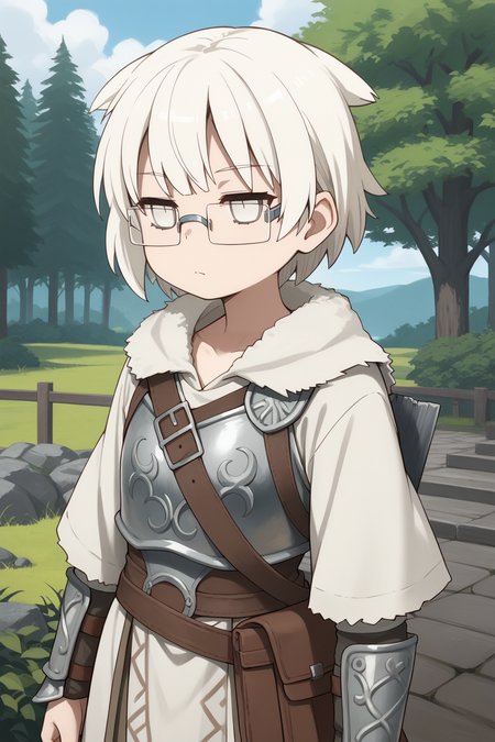 score_9, score_8_up, score_7_up, source_Anime, 1girl, y4m4sh1t4u3n0s4n, short hair, white hair, glasses, white eyes, jitome, traditional viking armor,  outdoors, solo <lora:YamashitaUenoByJuninholara21:0.8>