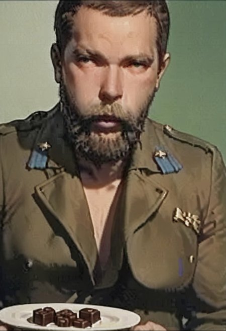 score_9, score_8_up, score_7_up,
Expressiveh,
2d,
source_anime,
Anime Screencap,
solo,
us,
masterpiece,
absurdes,
ultra detailed,
amazing quality,
zlnyslnk, phvshy, short blond hair, short blond beard, brown military jacket
detailed face,
detailed eyes,
((muscular build)),
fat body,
fat,
bare shoulders,
midrif,
looking to the viewer,
sitting,
on knees
((holding plate with chocolade in hands)),
plate with chocolade,
side view,
indoor,
underground,
(((green walls)),
pipes,
unique angle, dramatic angle,
detailed background,