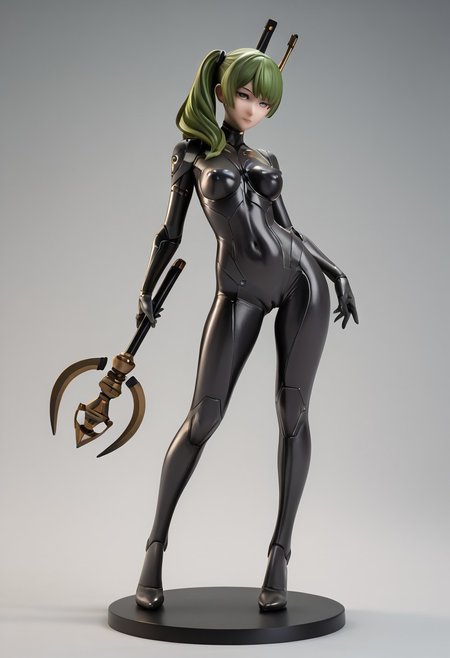 score_9_up, score_9, score_8_up, score_7_up, rating_explicit, 1girl, ub3l, green and black futuristic cybernetic body suit, skin tight, camel toe,standing, confident pose, facing the viewer, detailed display stand, diorama, cybernetic, futuristic, (weapon) large sci-fi weapon wizards staff, masterpiece, best quality, full body