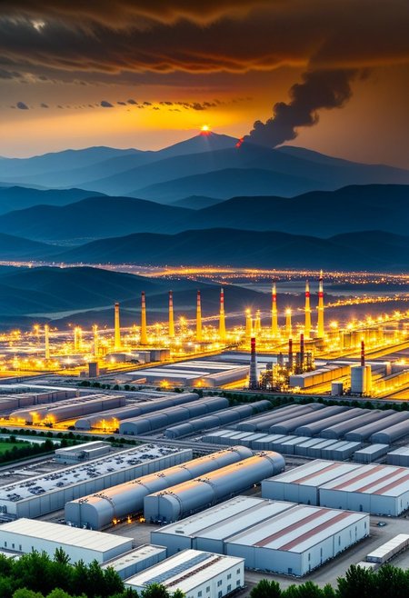 A dense layer of gray clouds illuminated in red from above, a small golden sun, light gray mountains in the distance on the horizon among which power plants and industrial buildings can be seen, closer gray mountains on the horizon among which power plants and industrial buildings can be seen, black mountains on the horizon among which power plants and industrial buildings can be seen,