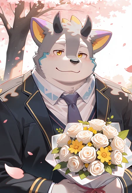 masterpiece, dreamlike atmosphere, vibrant, detailed, absurdres, highres, amazing_quality, best quality, <lora:belphegor-15A:1> hbelp, dog_boy, 1boy, solo, 
, school uniform, black blazer, upper body, half-closed eyes, closed mouth, 
, falling petals, dappled sunlight, light smile, holding bouquet, big bouquet,