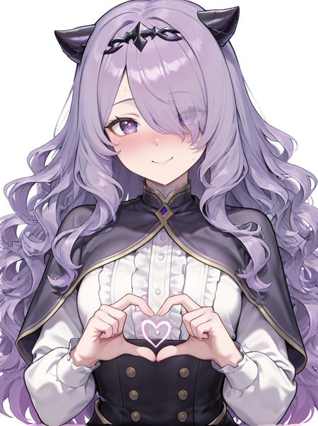 masterpiece, best quality, amazing quality, very aesthetic, absurdres, newest,shiny skin  anime screenshot,  anime coloring,   <lora:CamillaTest:1>camillanew, purple hair, long hair, hair over one eye, solo, purple eyes, wavy hair, capelet, simple background, , smile,  upper body,  white background,  nose blush, small breasts, heart hands,